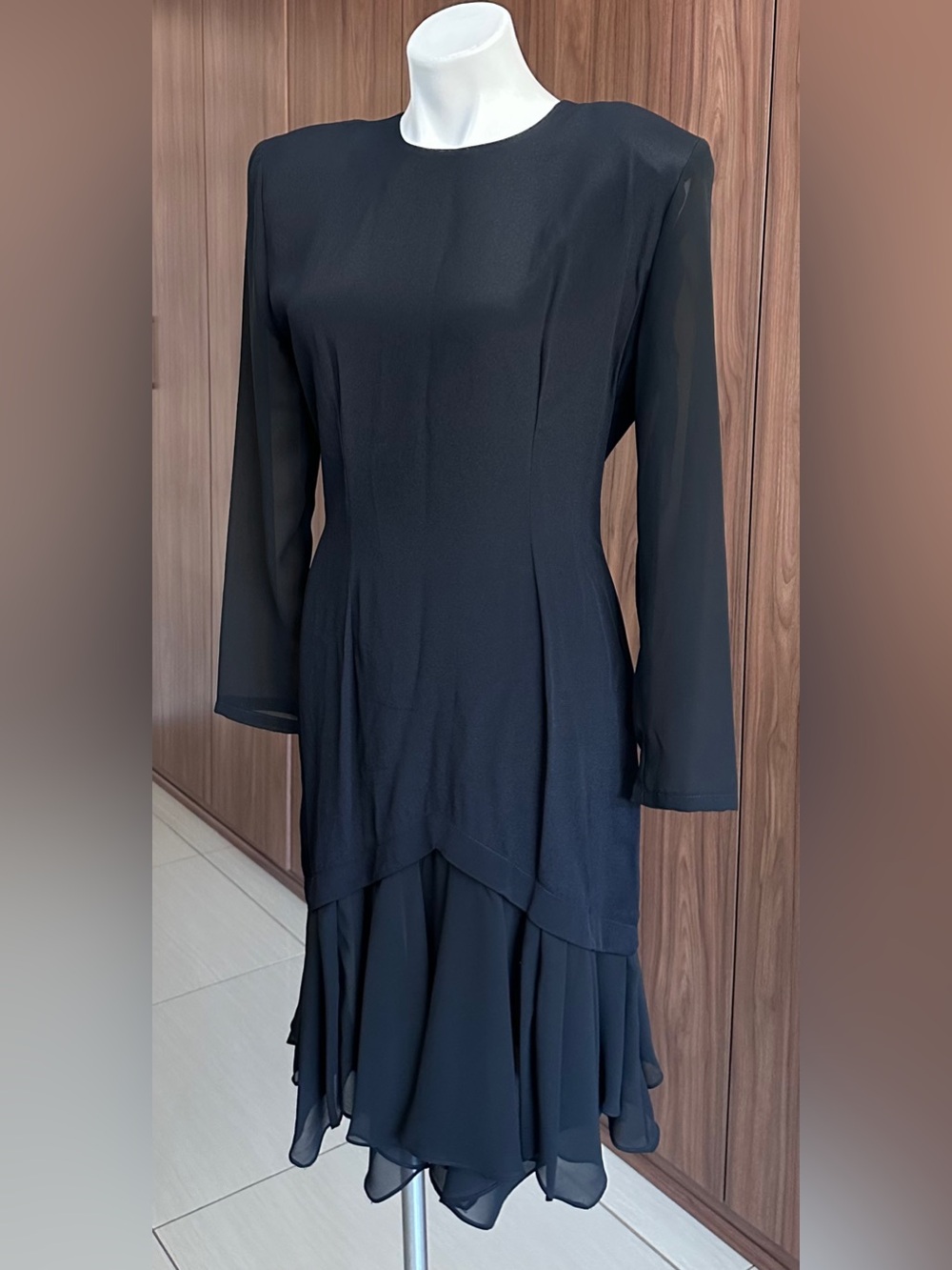 PHOEBE Elegant Black Midi Dress with Layered Hem Size 10